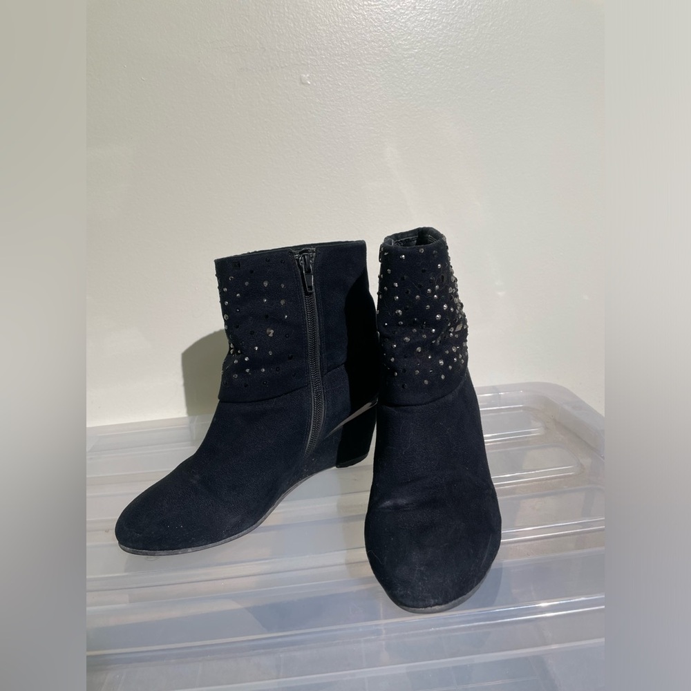 Black heeled ankle boots with rhinestones